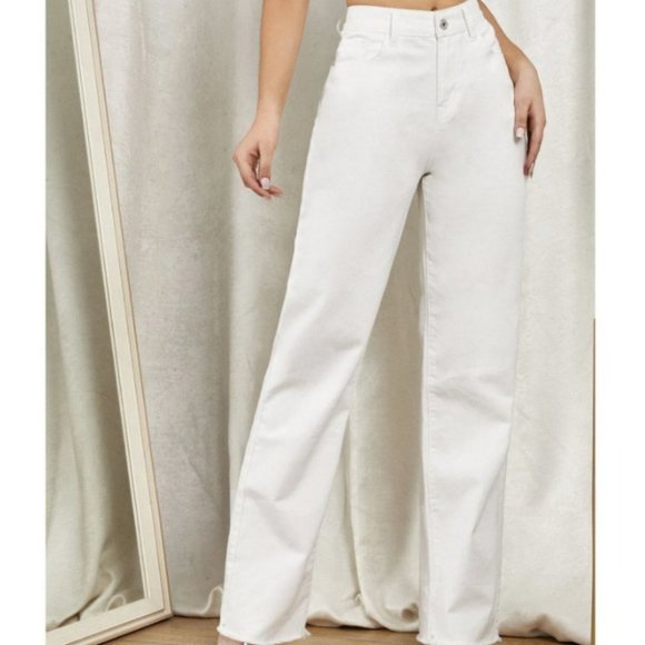 High Waist Raw Hem Straight Leg Jeans White - Picture 3 of 3